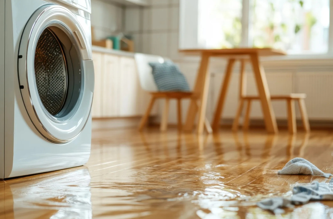 Water on kitchen floor from washing machine leak, illustrating appliance leak cleanup services in Calgary