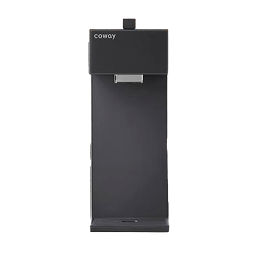 Black Coway P-2201N water purifier with a modern, boxy design and a drip tray.