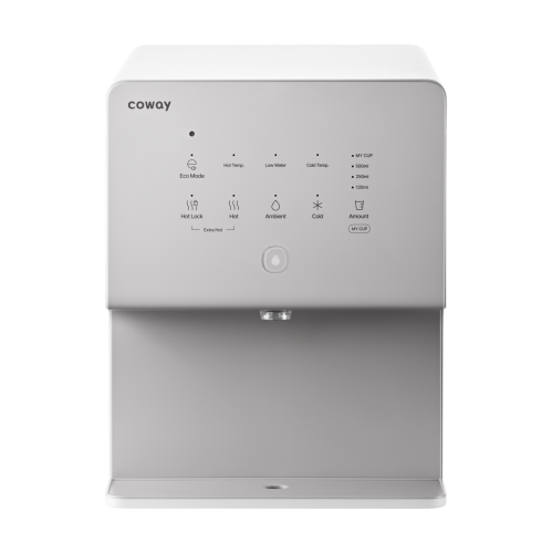 Coway CHP-6330L water purifier with buttons for hot, ambient, and cold water, and adjustable temperature and water volume settings.