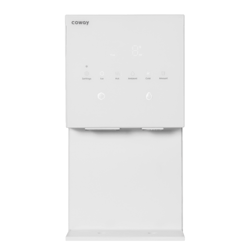 White countertop Coway CHPI-7520L water purifier with digital display and touch buttons for settings, ice, hot, ambient, and cold water options.
