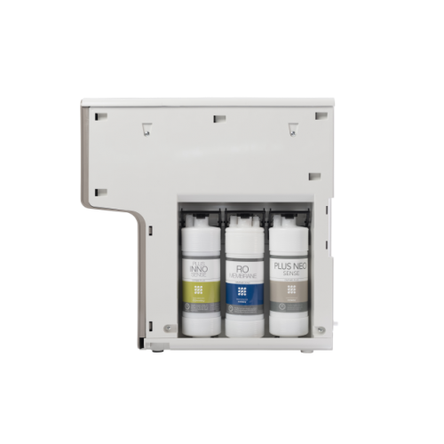 Coway P-6320L water purifier filtration system component with three labeled filter cartridges inside a white plastic casing.