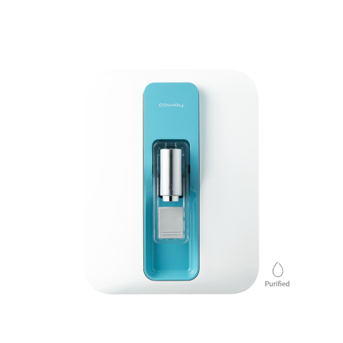 Coway P-300L water purifier with a stainless steel dispenser nozzle.