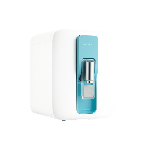 Coway P-300L water purifier with a stainless steel dispenser nozzle.