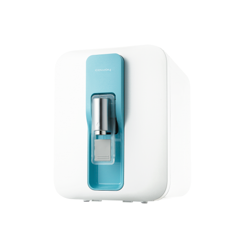 Coway P-300L water purifier with a blue front panel and silver dispenser.
