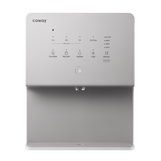 Front view of a Coway CP-6330L water purifier with touch control panel showing modes including Eco Mode, Key Lock, Ambient, and Cold water options.