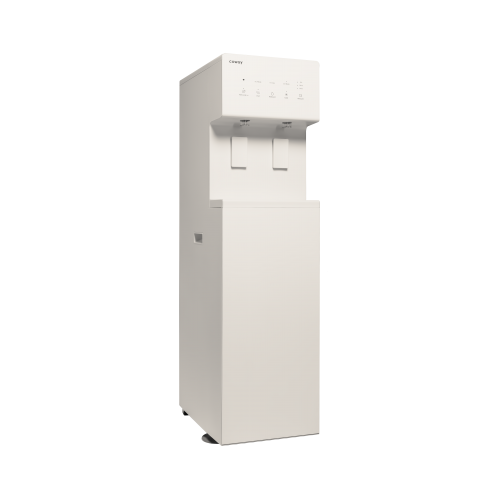 Coway CHP-5722L water purifier with dual taps and control panel on top.