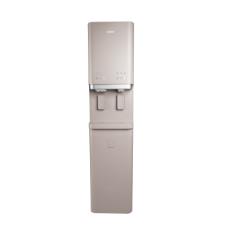 Beige Coway CHPI-620L-plus water purifier with two taps for hot and cold water, featuring LED indicators and control buttons on the upper front panel.