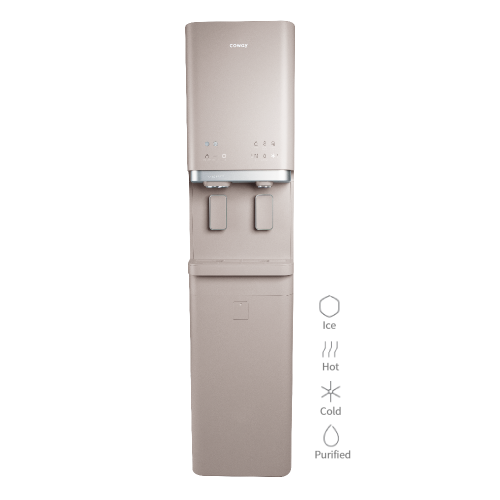 Beige Coway CHPI-620L-plus water purifier with two taps for hot and cold water, featuring LED indicators and control buttons on the upper front panel.