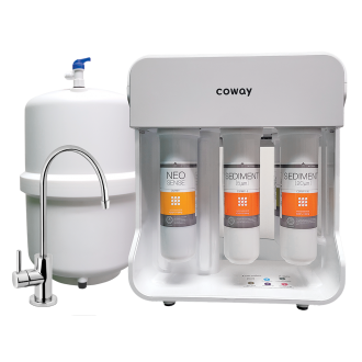 Coway P-09CL water purifier with three visible filter cartridges and a white storage tank with spout.