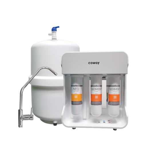 Coway P-09CL water purifier with three visible filter cartridges and a white storage tank with spout.