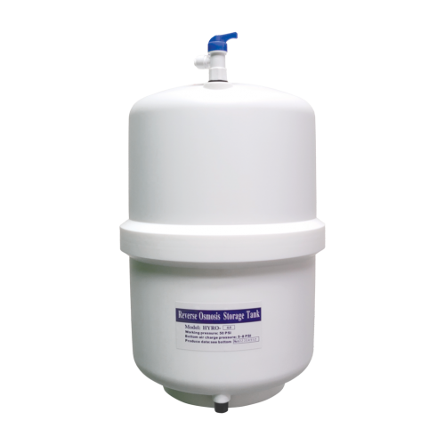 White reverse osmosis water storage tank with a blue valve on top and a label on the front.