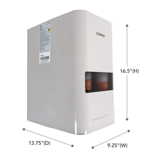 Coway P-160AL water purifier with a small display window showing water containers inside.