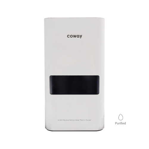 Coway P-160AL water purifier with a sleek white rectangular body and black display panel.
