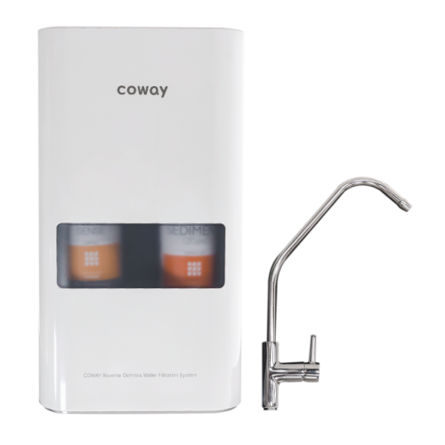 Coway P-160AL water purifier reverse osmosis water filtration system with two visible filters inside and a separate stainless steel faucet.