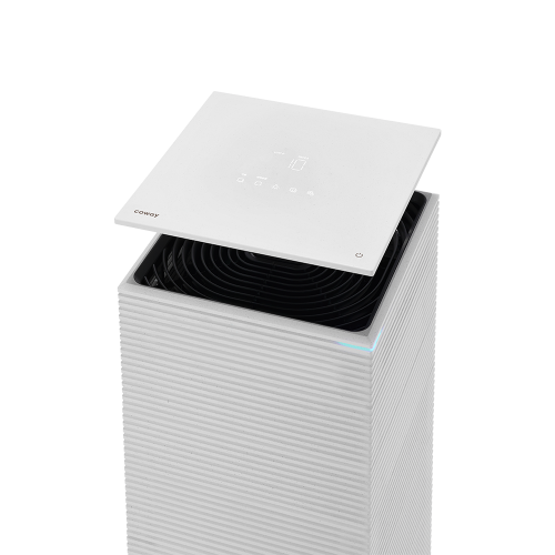 Coway AP-2023K air purifier with a slightly lifted top cover revealing the fan inside.
