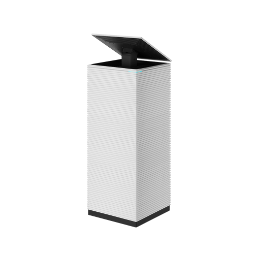 Coway AP-2023K air purifier with horizontal grooves and a black vented panel on top lifted open.