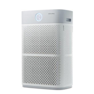 Coway AP-3018B air purifier with perforated front panel and circular digital display on the top.