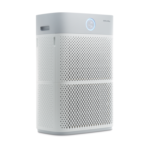 Coway AP-3018B air purifier with perforated vent design and digital display on top front panel.