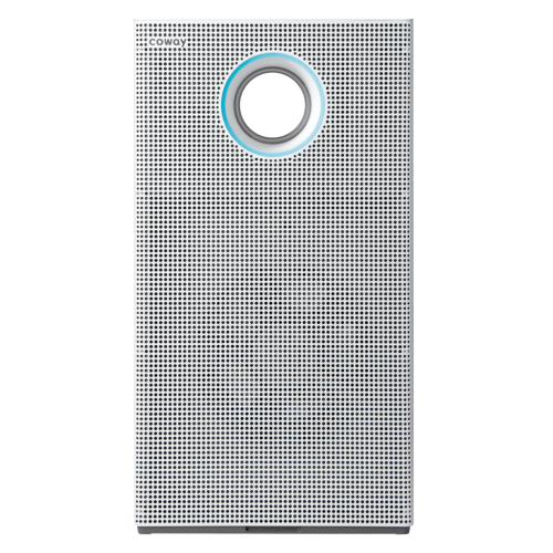 Front view of Coway AP-1523D air purifier with a perforated grille and a circular blue-lit sensor near the top.