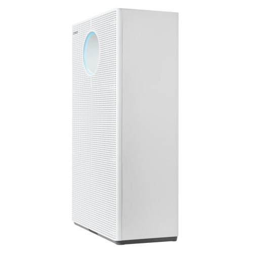 Coway AP-1523D air purifier with perforated front panel and a circular blue light near the top.