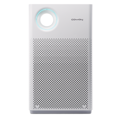 White rectangular Coway AP-1018F air purifier with a circular glowing indicator near top left and perforated front panel.