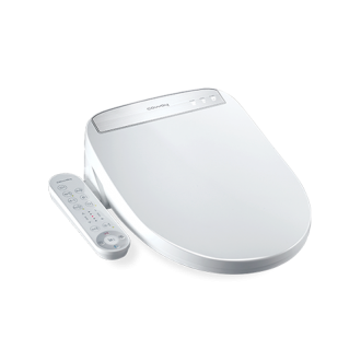Coway BAS-22 bidet toilet seat with a control panel and remote control.