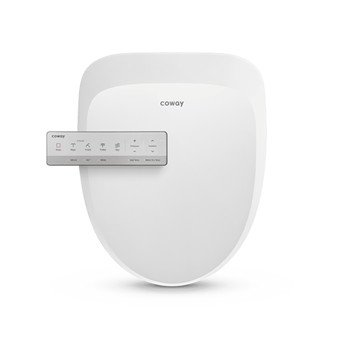 Coway BA-42A bidet toilet seat with remote control featuring multiple function buttons.