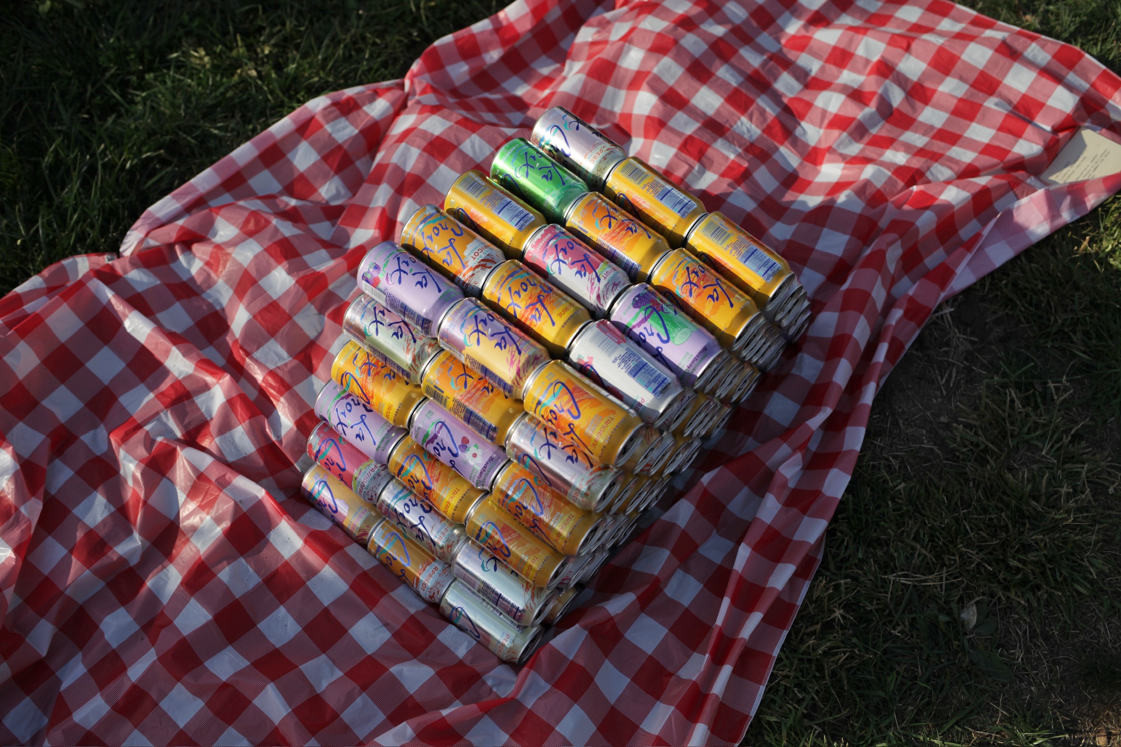 Stacked LaCroix sparkling water cans on a red and white checkered picnic blanket on grass.