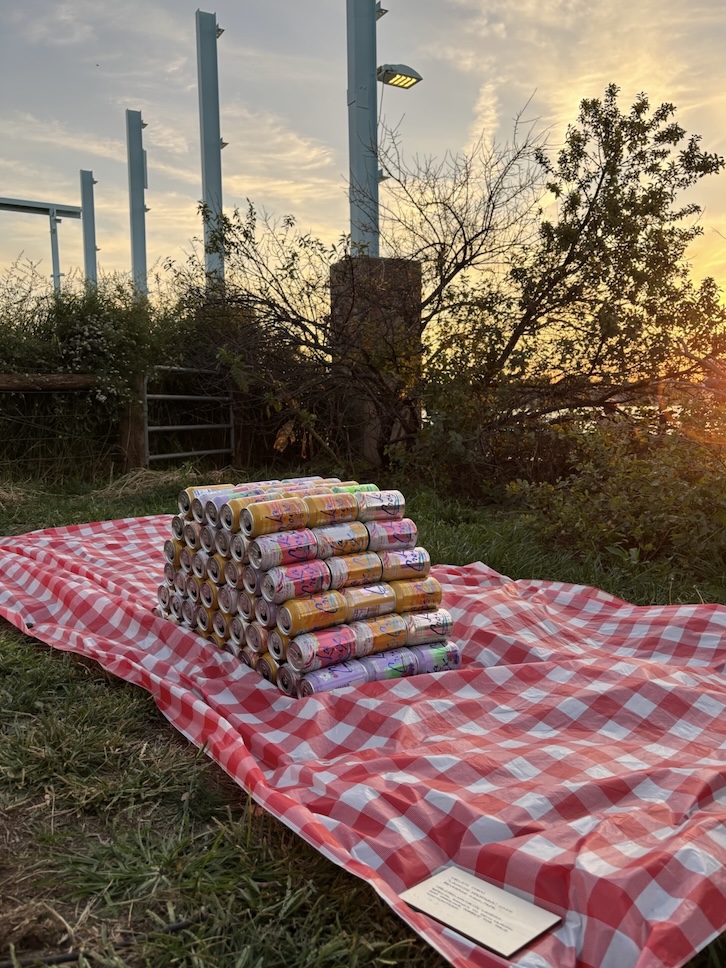 Stacked colorful beverage cans arranged in a mastaba shape on a red and white checkered picnic blanket outdoors at sunset.