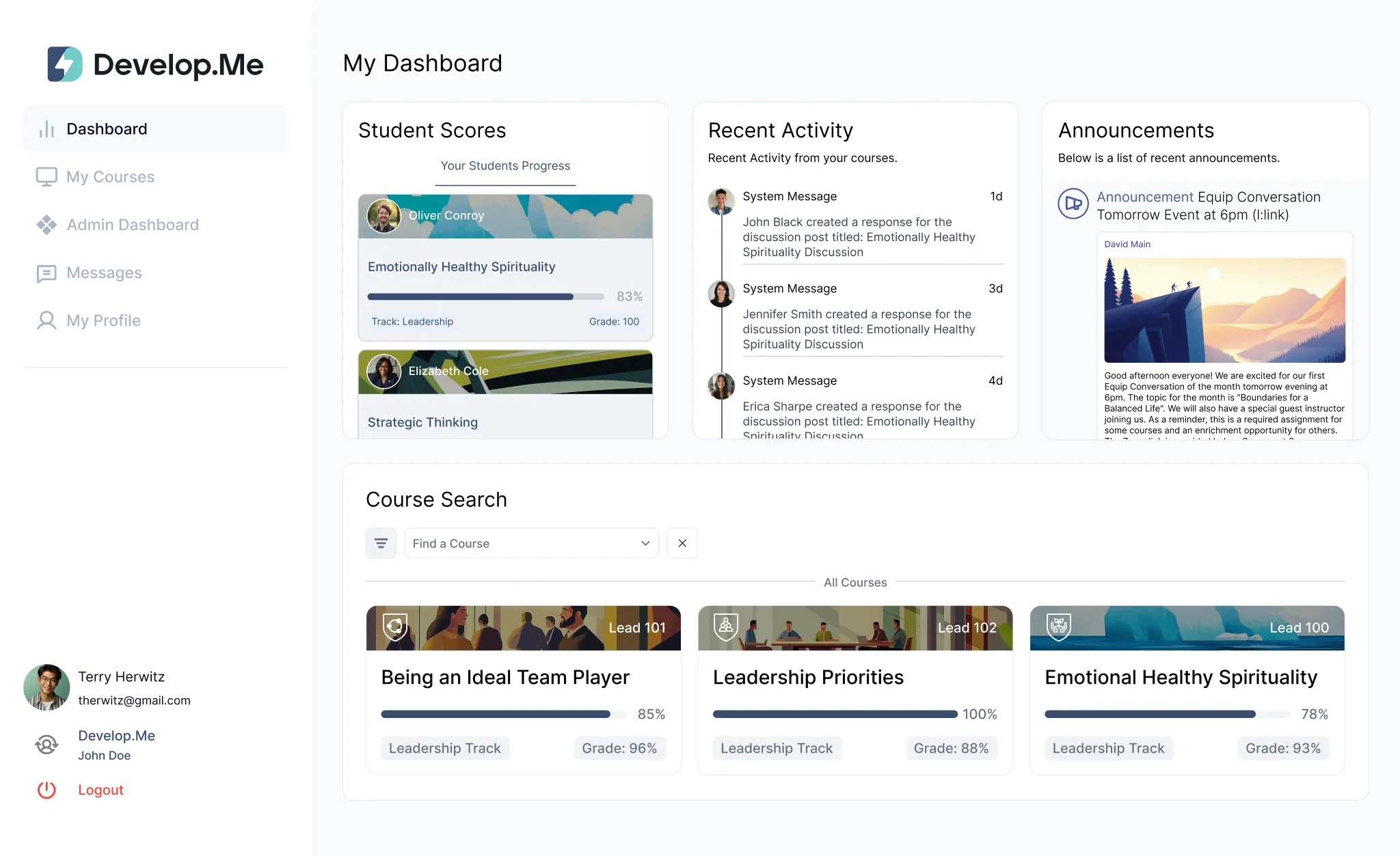Dashboard interface showing student scores, recent activity updates, course search options, and announcements.