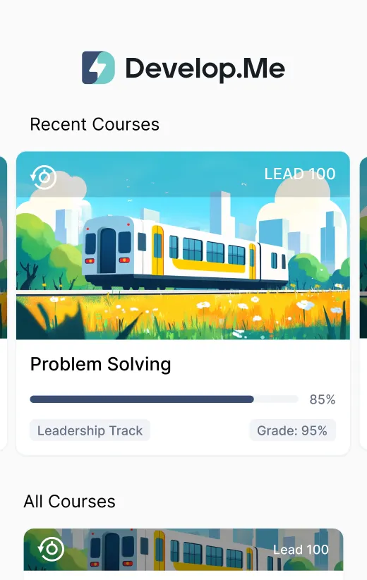 Dashboard of Develop.Me showing recent courses, including "Problem Solving" with progress and grade indicators. Colorful train scenery.