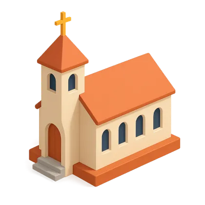A simple, stylized church with a red roof, cross on top, and arched windows, set against a plain background.