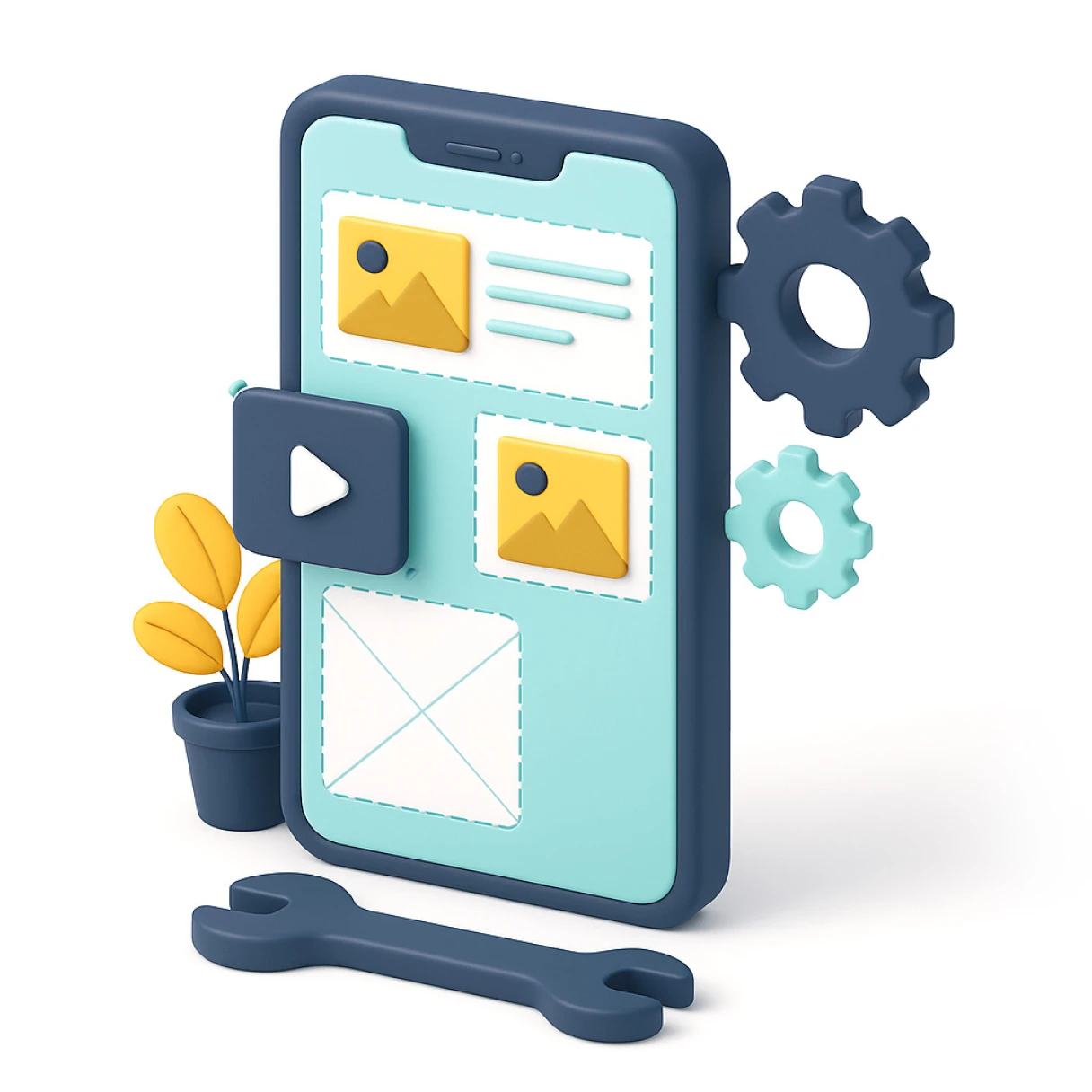 3D illustration of a smartphone with design tools and gears