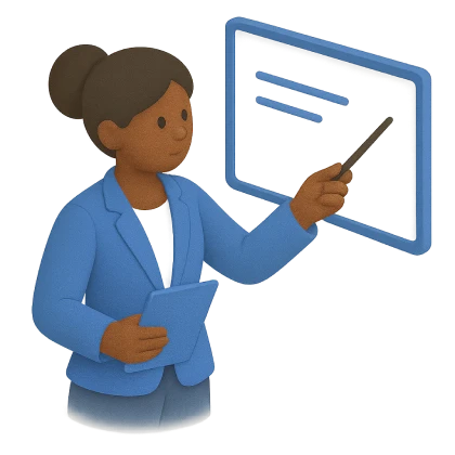 A person in a blue blazer holds a tablet and points at a digital presentation on a black background.