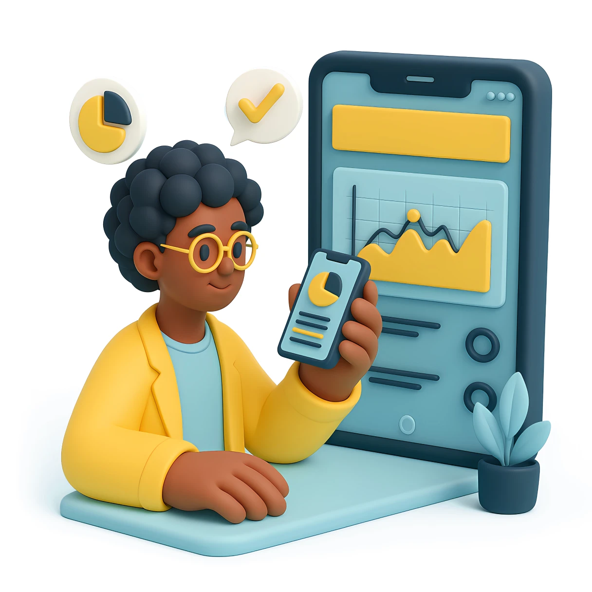 A person in a yellow jacket holds a phone displaying data, while a smartphone screen shows a graph and icons indicating analytics.