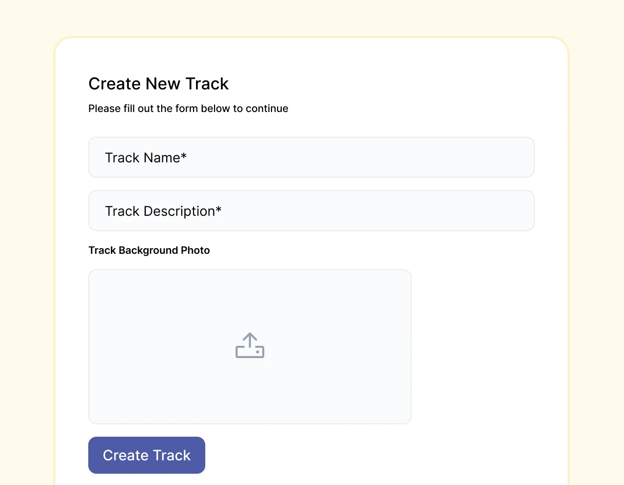 Form for creating a new track, with fields for track name, description, and an option to upload a background photo.