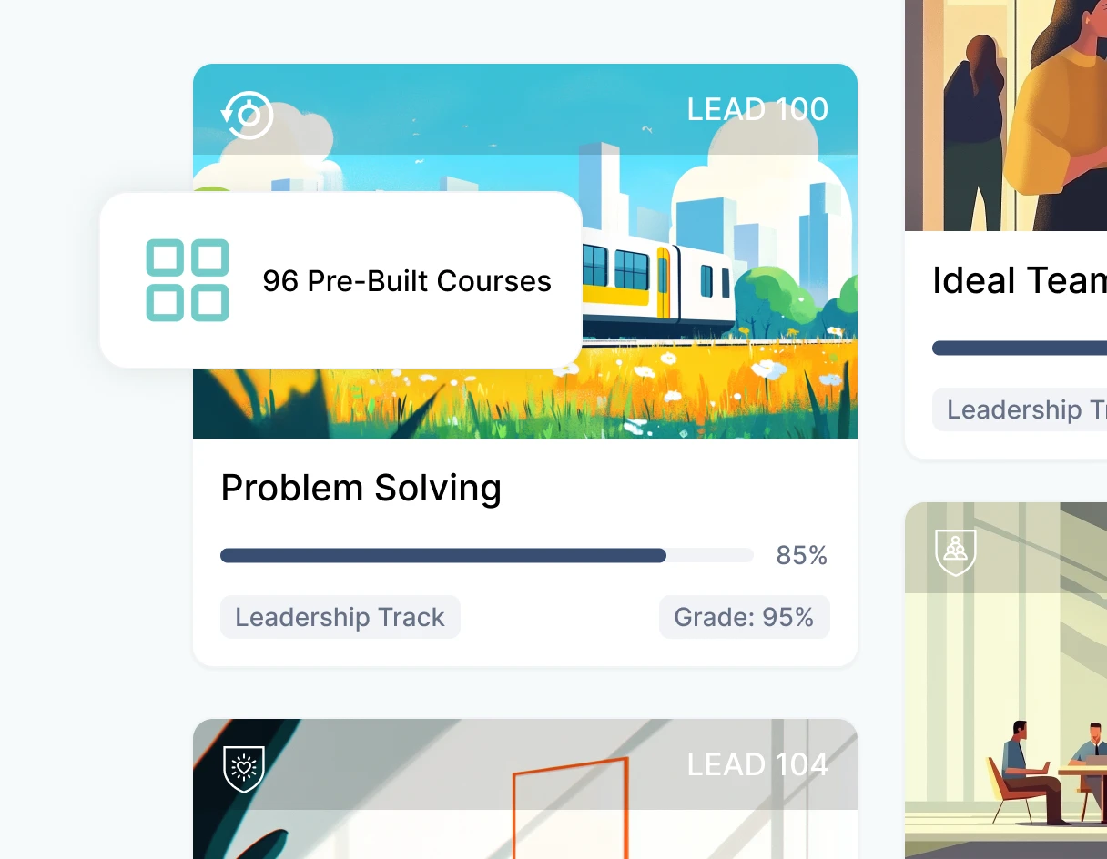 Dashboard displaying online courses, highlighting "Problem Solving" with 85% progress and a grade of 95%. Graphics of a city and train.