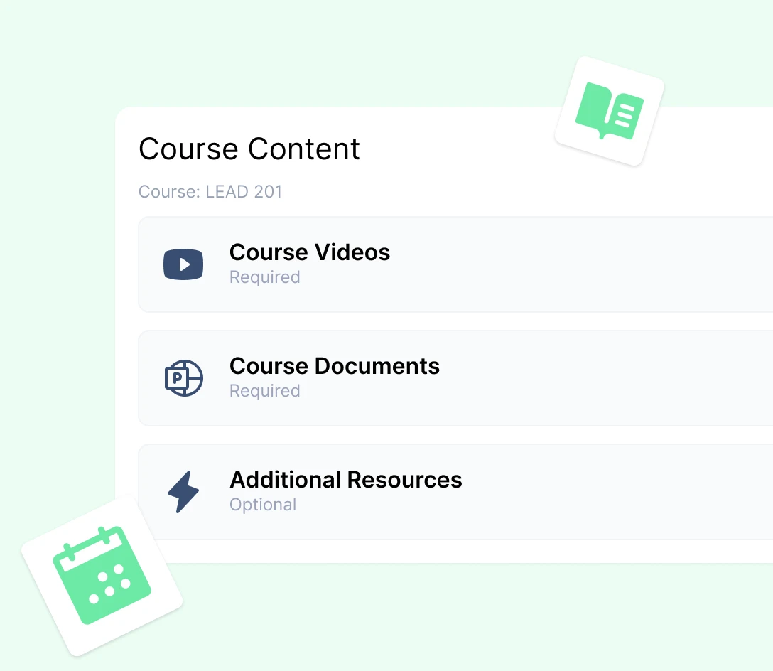 Screenshot of course content for LEAD 201, listing required course videos and documents, plus optional additional resources.
