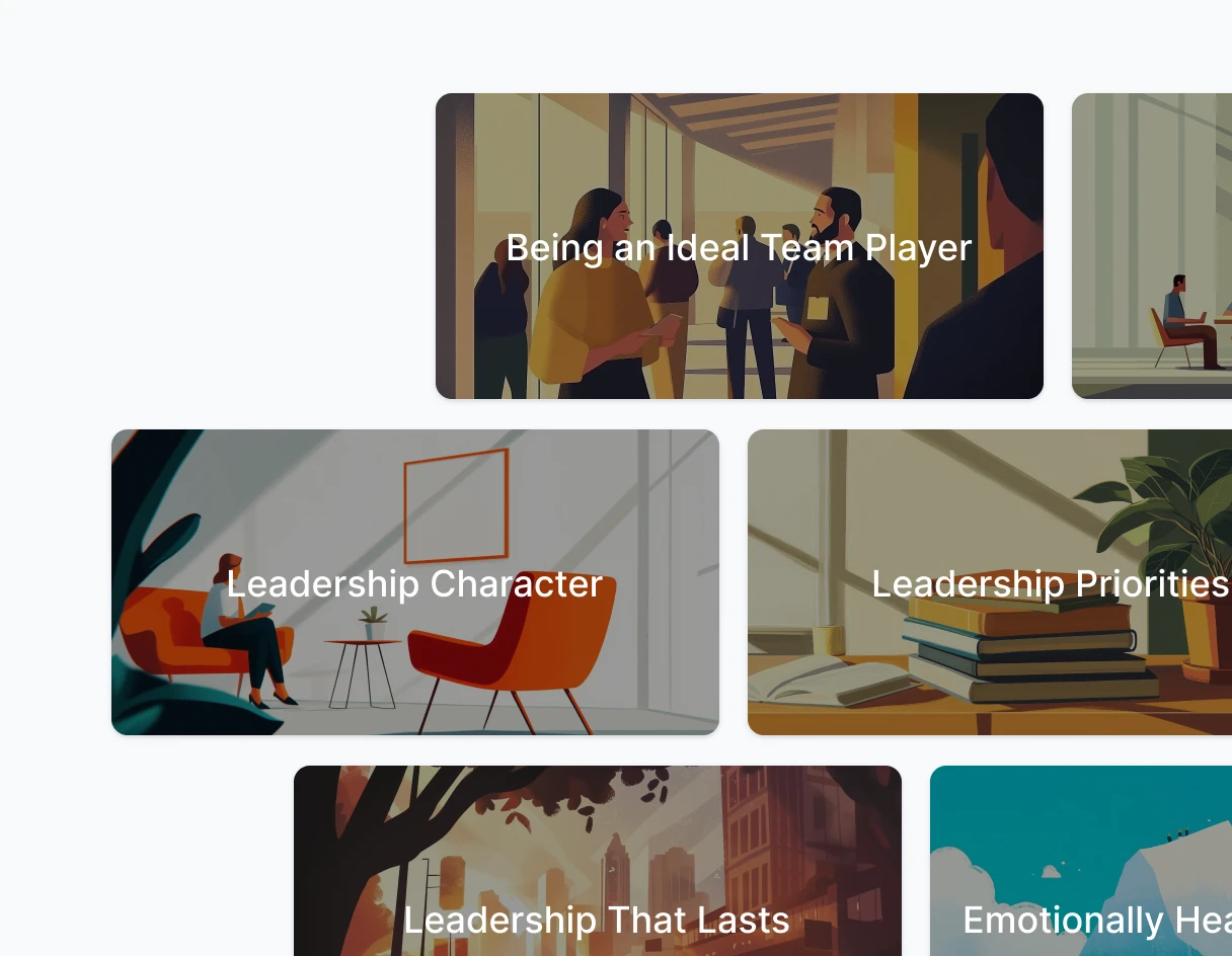 Image featuring a collage of leadership themes and discussions, including topics like teamwork, character, priorities, and emotional health.