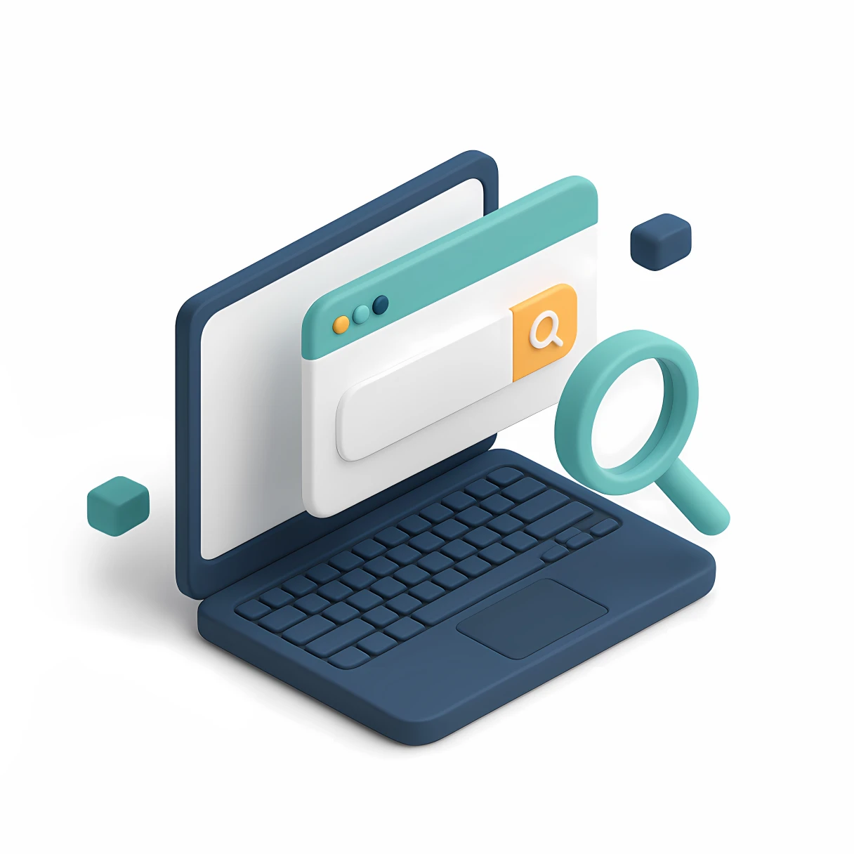3D illustration of a laptop with a search bar and magnifying glass, symbolizing online searching and information access.