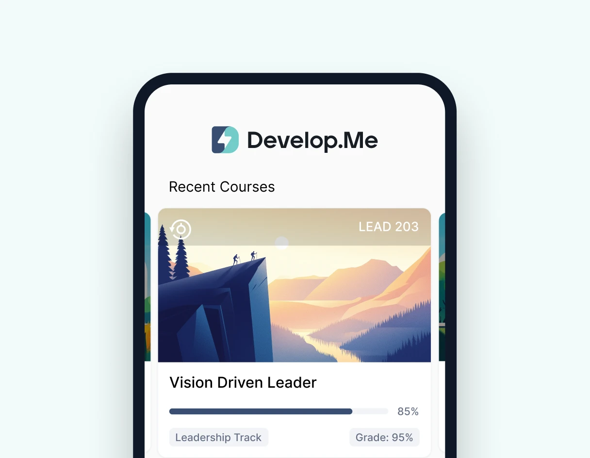 A mobile app screen displaying the "Develop.Me" logo, showcasing a course titled "Vision Driven Leader" with an 85% completion rate.