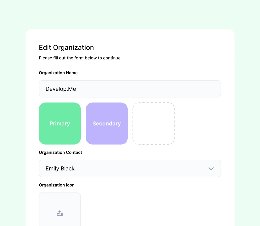 Screenshot of the organization editing form for Develop.Me