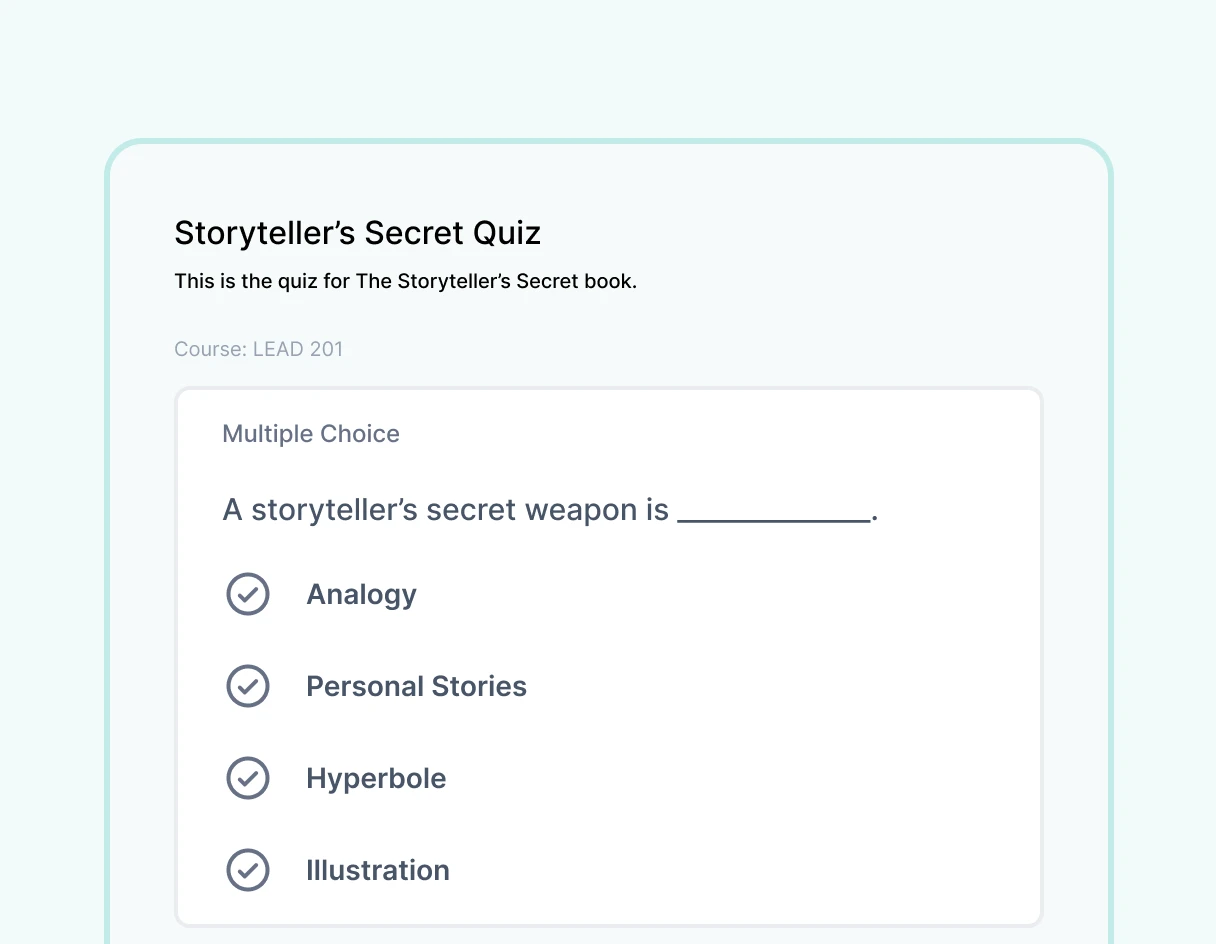 Quiz interface for Storyteller's Secret book with multiple choice options.