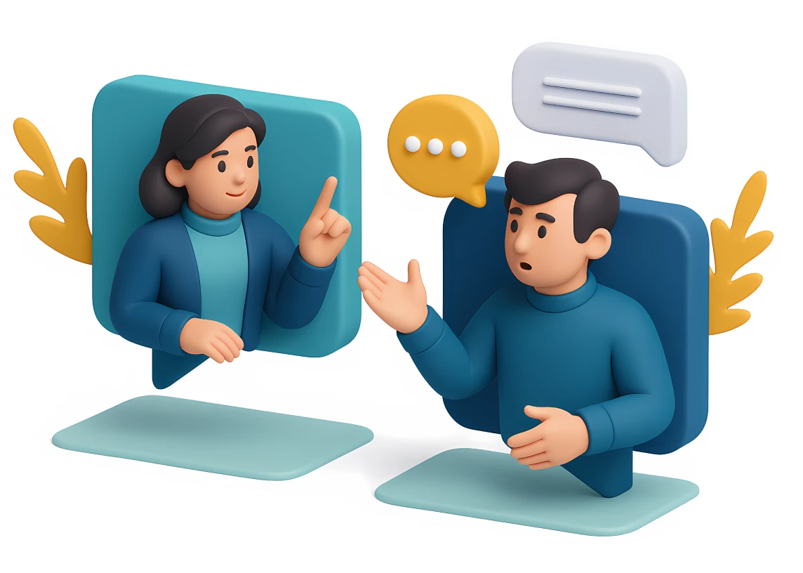 3D illustration of a virtual conversation between two characters with speech bubbles.