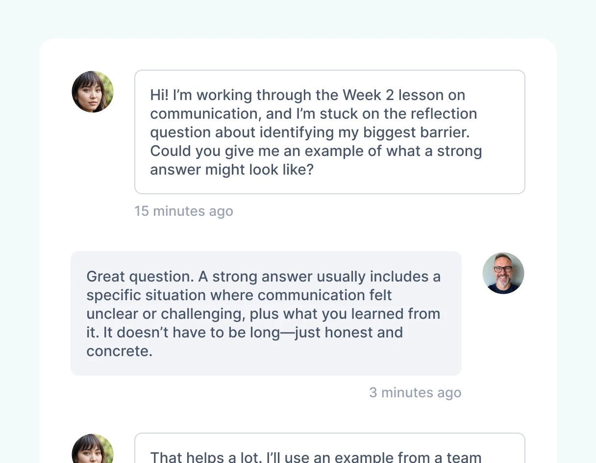 A conversation about communication challenges and strong answers in a learning environment.