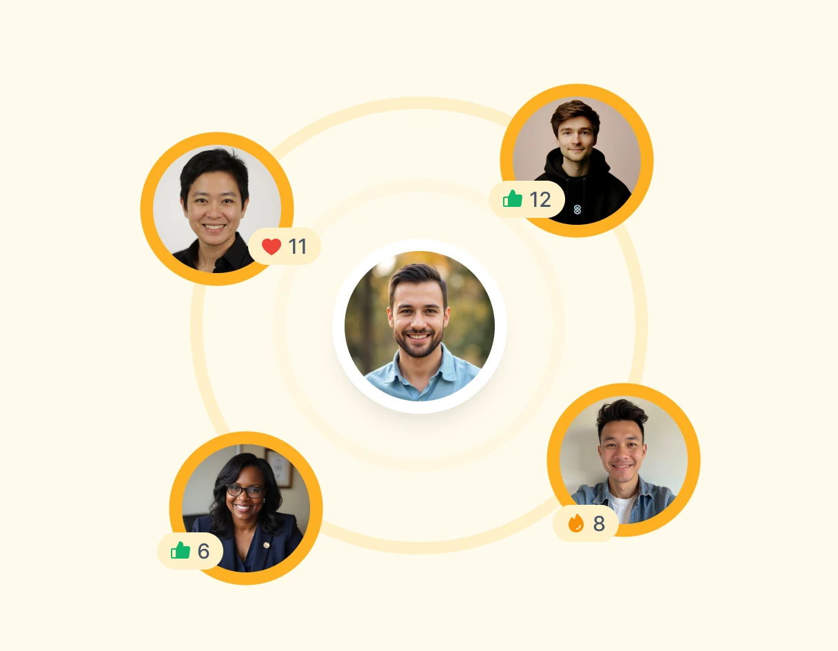 Graphic representation of a social interaction network with five profiles and engagement metrics.