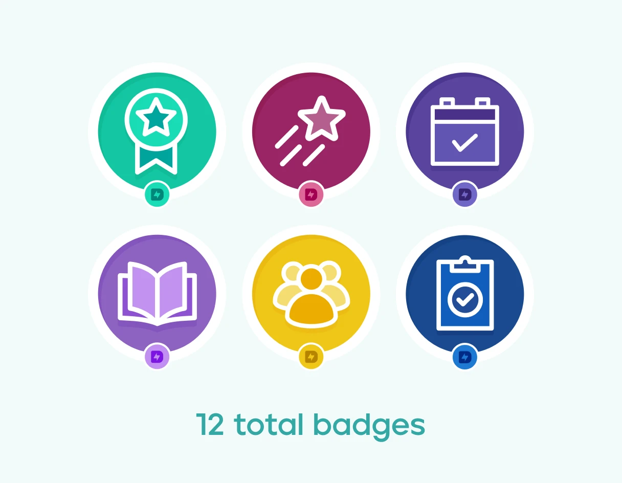 A collection of achievement badges in various colors and designs.