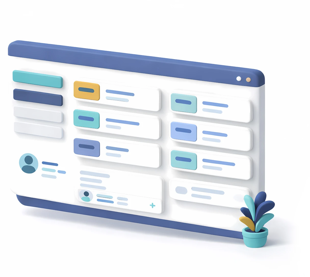 A digital interface featuring a user dashboard with color-coded sections and a decorative plant in a pot.
