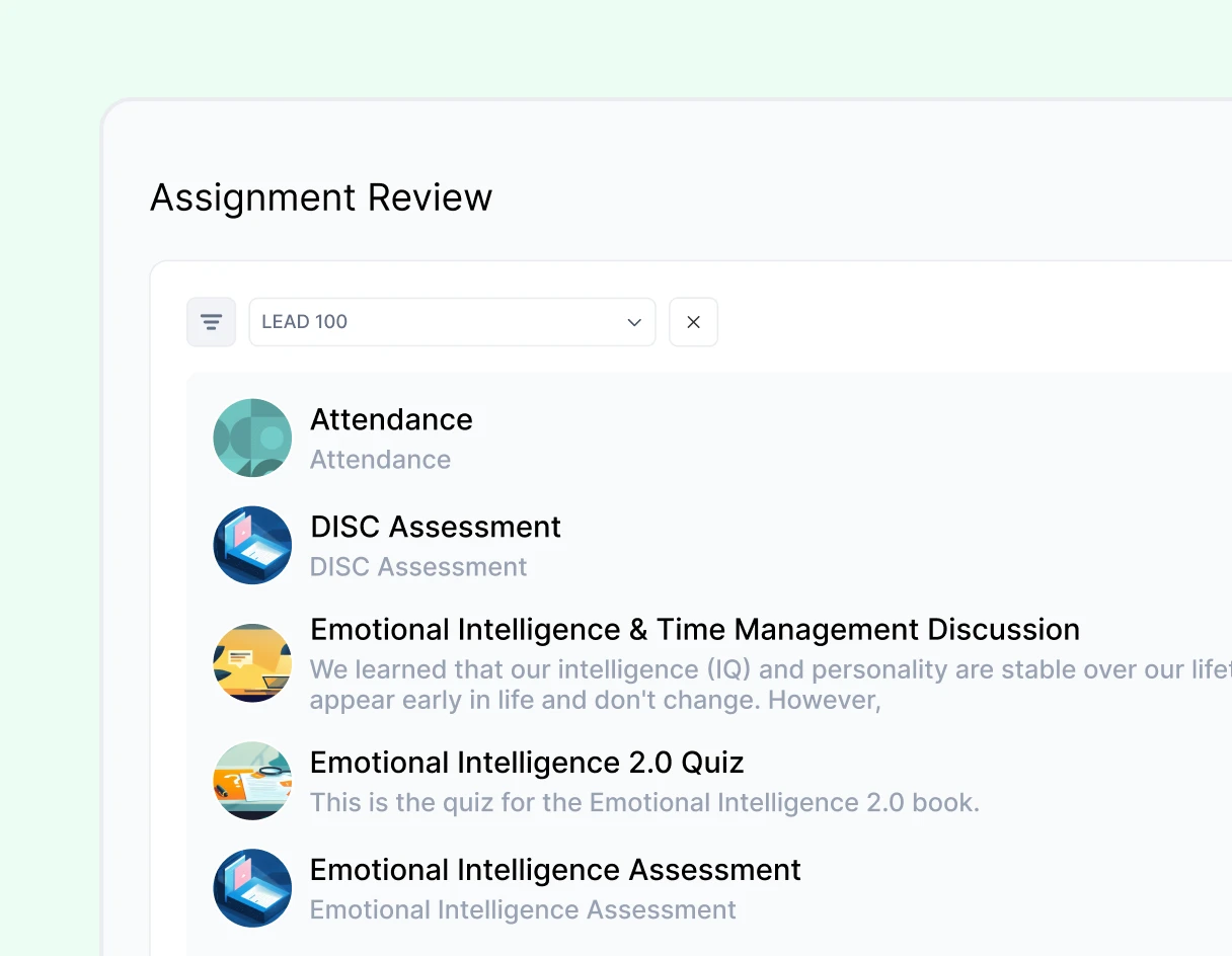 Image shows an "Assignment Review" interface with a list of tasks including attendance and various assessments related to emotional intelligence.