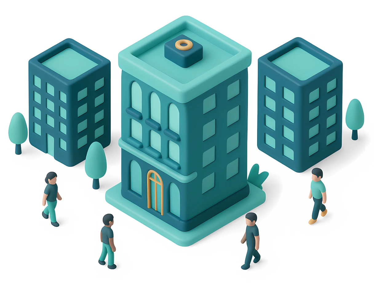 Stylized 3D illustration of buildings surrounded by trees, with diverse figures walking nearby.